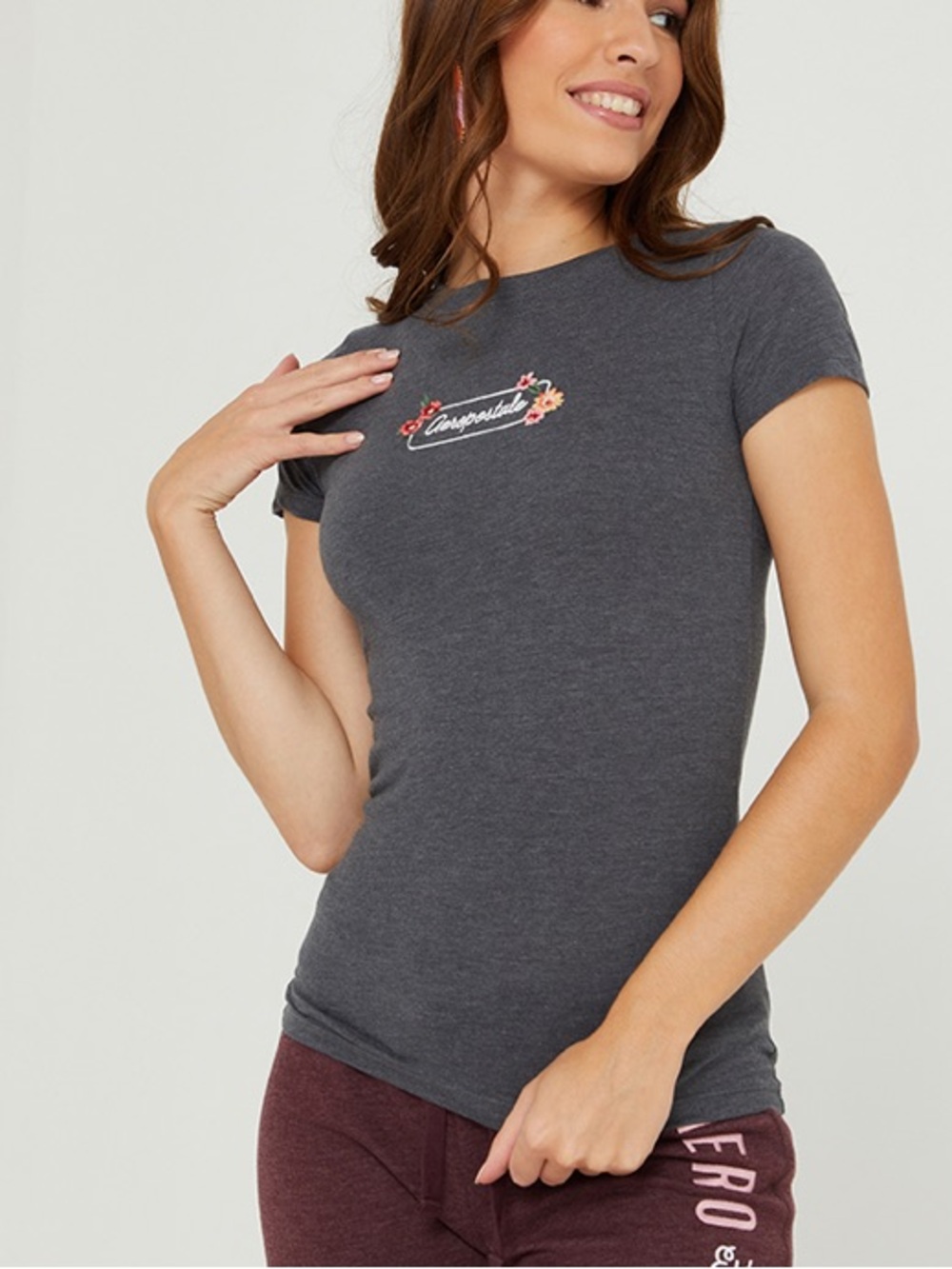Y2k Aeropostale Dark Gray Floral Script Logo Tee